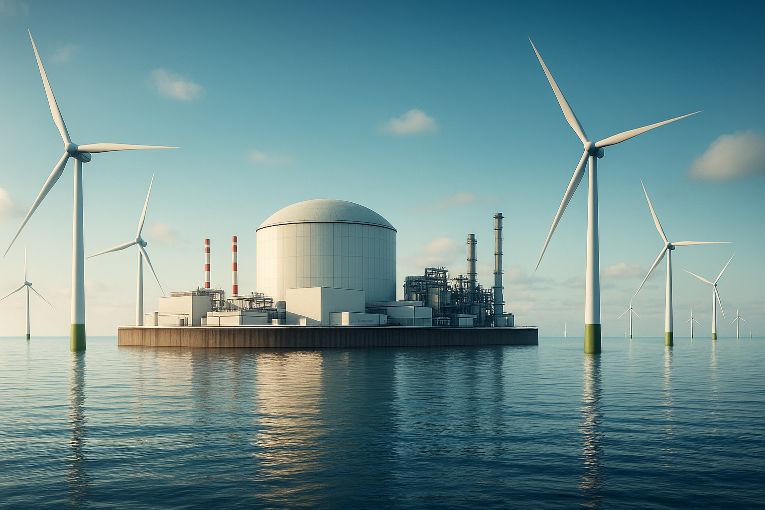 Concept illustration of nuclear and wind power offshore